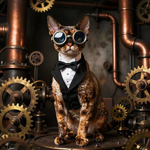 Photograph of a brown tabby cat with round, reflective goggles and a black tuxedo, surrounded by brass gears in a steampunk industrial
