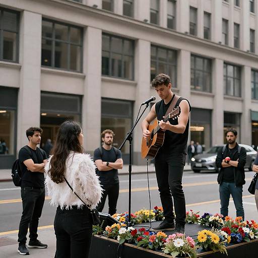 Urban Guitarist on Flower-Laden Table