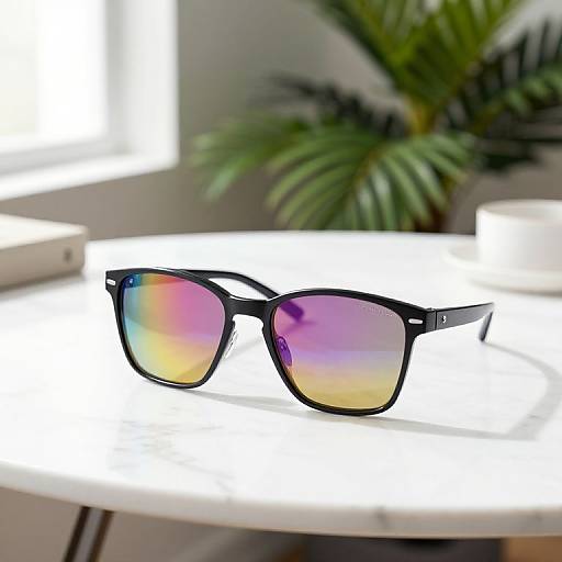 Photograph of black, rectangular, gradient-lens sunglasses with vibrant rainbow hues, placed on a brightly lit white surface, with a blurred green plant in