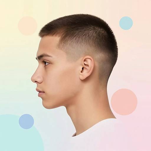 Photograph of a young Asian man with short, buzz-cut hair in profile, white background with pastel-colored circles.