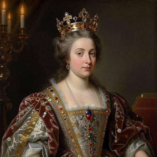 Photorealistic painting of a regal woman in a lavish, gold-embroidered gown, wearing a jeweled crown, with a dark background