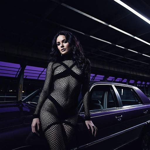 Woman in Fishnet Gothic Dress by Purple Car