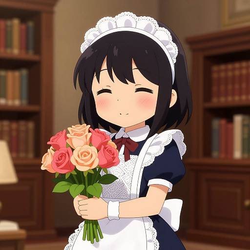 Cute Maid Anime in Cozy Library