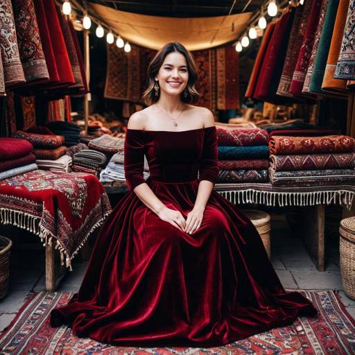 Woman in Burgundy Velvet Gown at Antique Rug Market