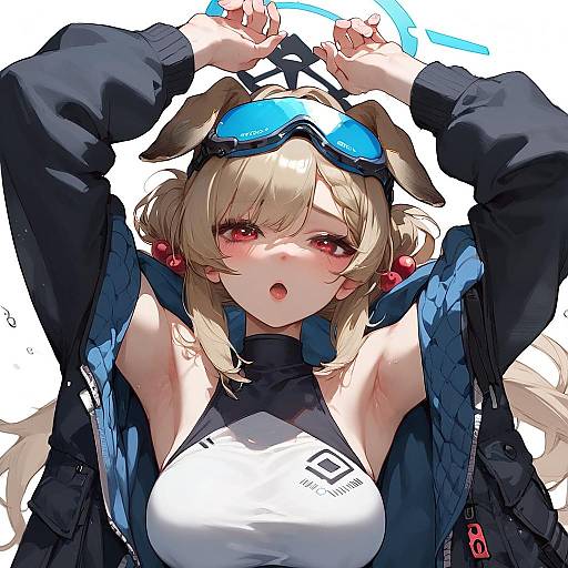 Anime-style digital drawing of a blonde, red-eyed girl with dog ears, wearing a black and white top, blue jacket, and goggles on her head
