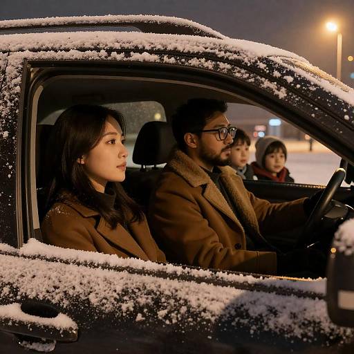 Snowy Night Family in Fogged Car Window