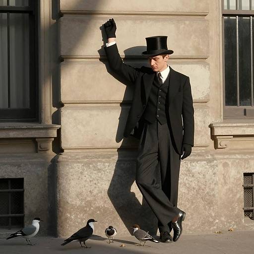 Man in Black Suit with Birds on Sidewalk