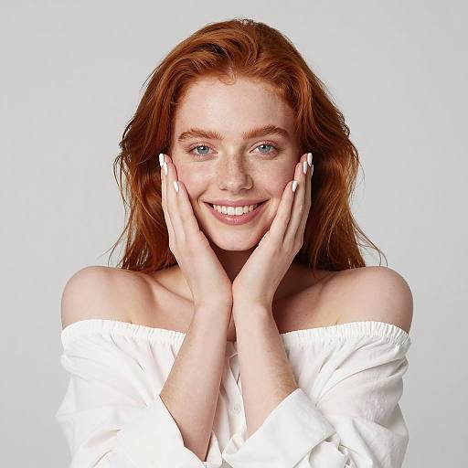 Smiling Redhead Woman Touching Face