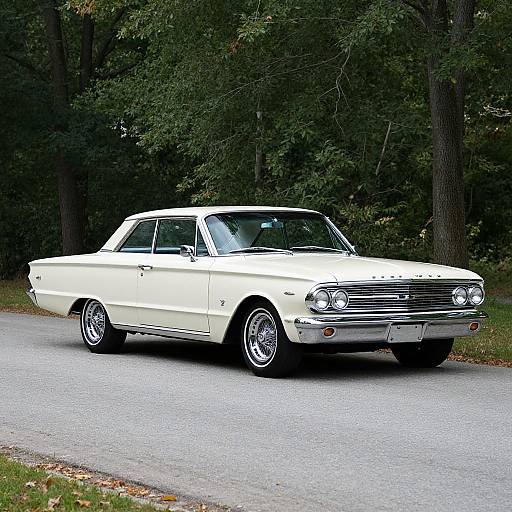 Photograph of a classic white 1960s four-door sedan with chrome accents, parked on a gray asphalt road in a forest.