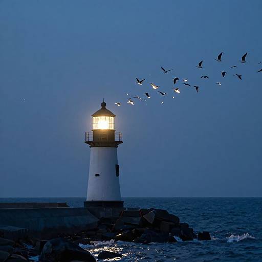 Photograph of a glowing lighthouse at dusk, surrounded by dark blue sea and sky, with a flock of birds flying overhead.