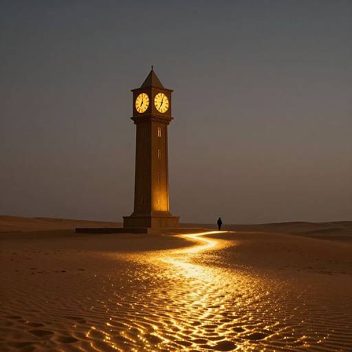 Photograph of a glowing clock tower in a desert at sunset, casting a golden path of light across the sand. Silhouette of a person in the