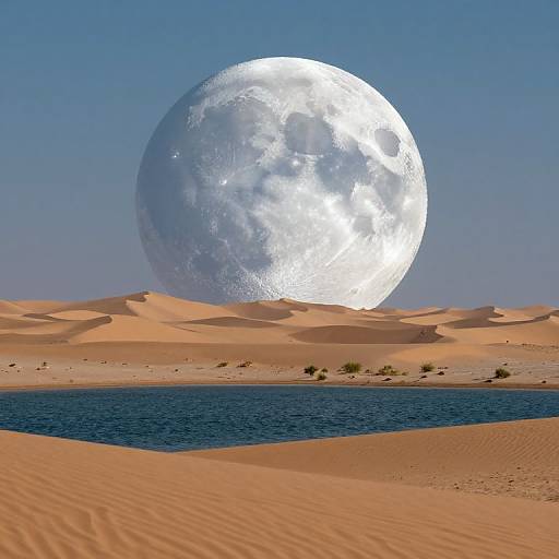 Photograph of a surreal desert landscape with a massive, glowing full moon hovering above golden sand dunes and a small oasis lake.