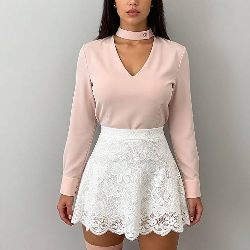 Photograph of a woman with long black hair, wearing a light pink V-neck long-sleeve top, white lace skirt, and pink choker