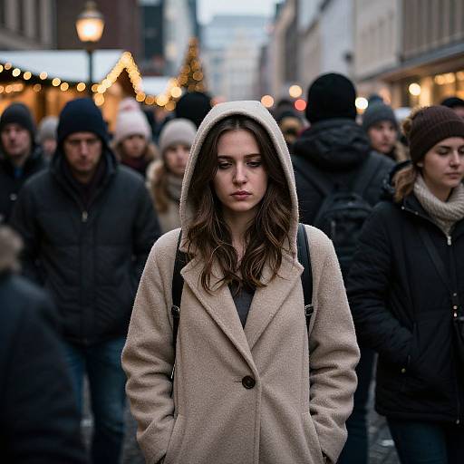 Photograph of a young woman with long brown hair, wearing a beige coat and hood, standing in a crowded, winter street with string lights and blurred