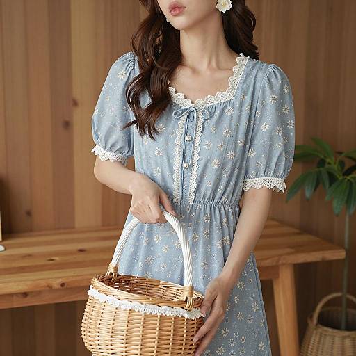 Elegant Woman in Floral Dress with Basket