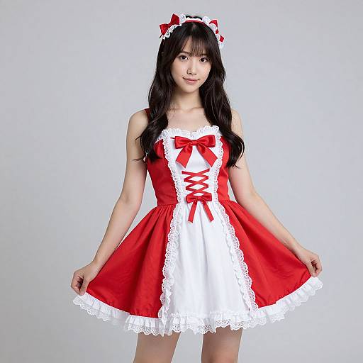 Photograph of an East Asian woman with long black hair, wearing a red and white lace-trimmed maid dress with a red bow, holding the