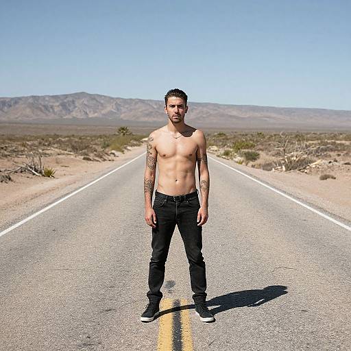 Shirtless, tattooed man stands in desert road, wearing black pants and shoes, mountains in background, clear blue sky, daytime photograph.