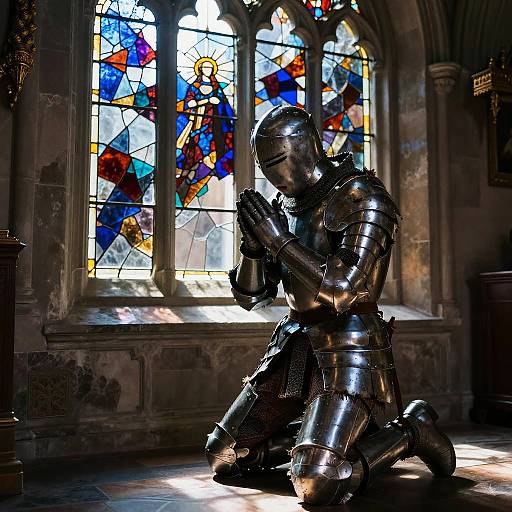 Photograph of a metallic knight statue kneeling in prayer before vibrant stained glass windows, casting colorful light and shadows in a dimly lit, ancient stone church