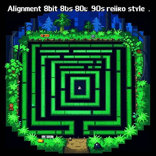 Pixel art maze game screenshot: bright green maze with black paths, surrounded by lush greenery, small items, and numbered markers, set in a night