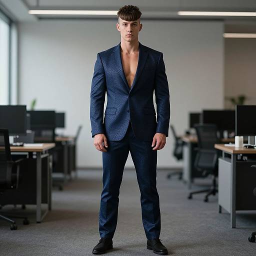 Photograph of a young, attractive man with short brown hair, standing in an office, wearing a dark blue, unbuttoned suit jacket and black