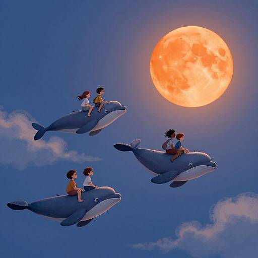 Digital anime-style artwork of four children riding dolphin-shaped toys against a bright orange full moon in a clear blue sky.
