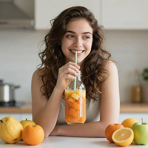 Photograph of a smiling young woman with curly brown hair, wearing a white tank top, sipping an orange juice with ice cubes in a glass bottle