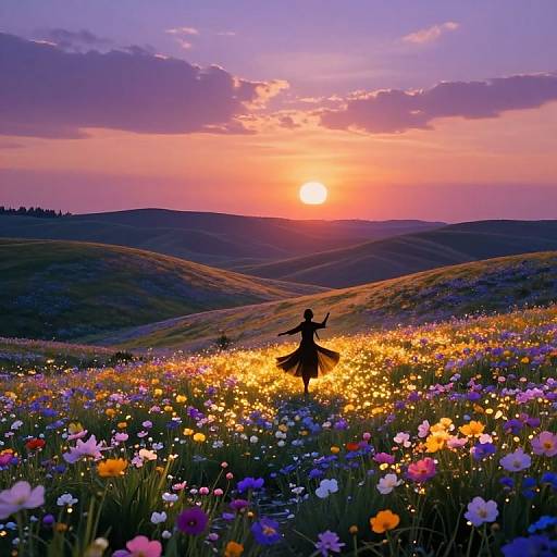 Silhouetted figure dancing in vibrant meadow of colorful flowers at sunset, with rolling hills and a purple-orange sky in the background.