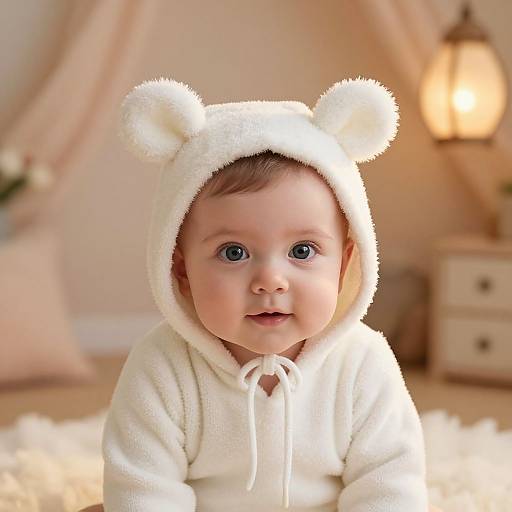 Baby in Cozy White Hooded Outfit with Fluffy Ears