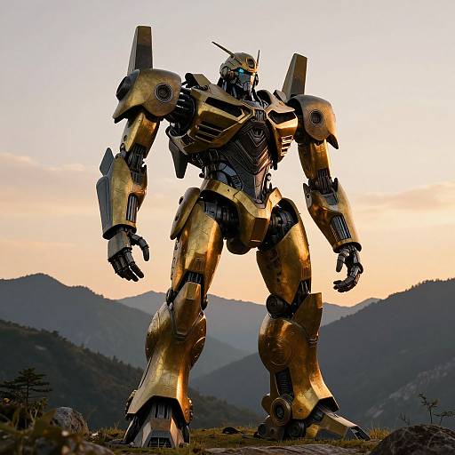 Photograph of a gold-colored, towering robot with glowing blue eyes standing in a mountainous landscape during sunset. The robot's metallic armor contrasts with the