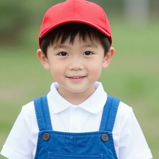 Photograph of a cute Asian boy with black hair, wearing a red cap, white shirt, and blue overalls, smiling outdoors.