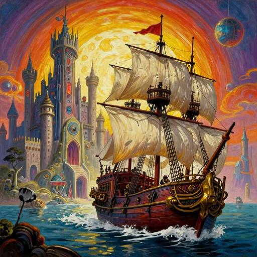 Vibrant digital painting of a grand, wooden pirate ship with billowing sails approaching a colorful, fantasy castle under a fiery, orange sunset sky.