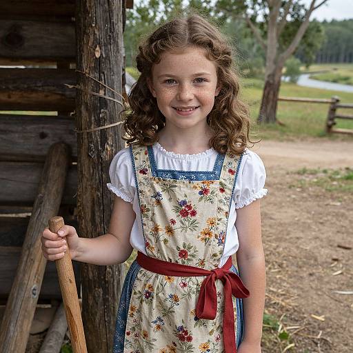 Photograph of a young girl with curly brown hair, wearing a white blouse and floral apron, standing by a wooden barn, holding a broom