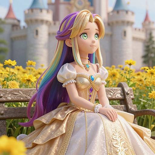 Digital CGI of a blonde and purple-haired princess with green eyes, wearing a gold and white ornate gown, sitting on a bench in a sunny flower