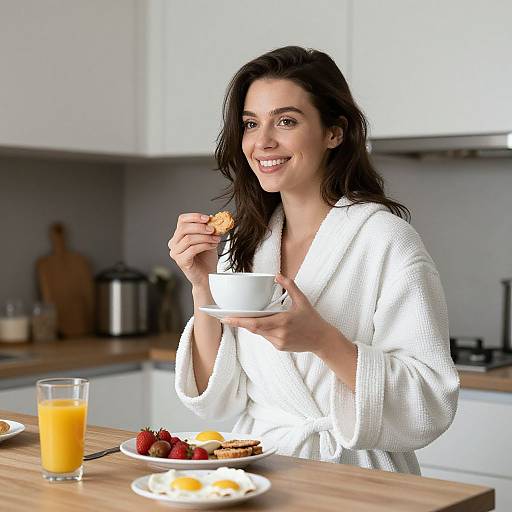 Photograph of a smiling woman with long dark hair, wearing a white bathrobe, eating toast in a modern kitchen, with orange juice and fruit on