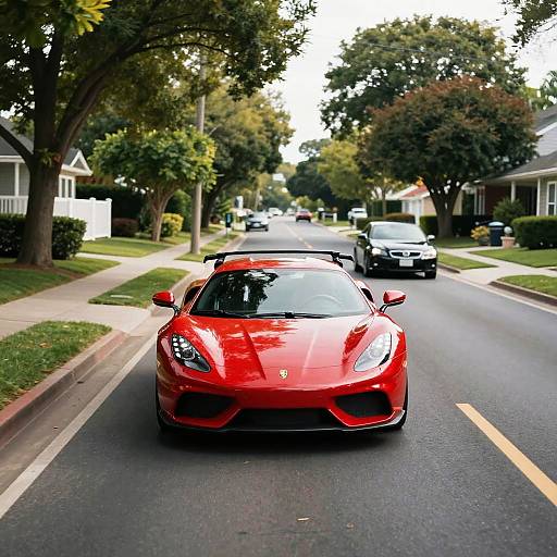 Sleek Red Sports Car on Suburban Street