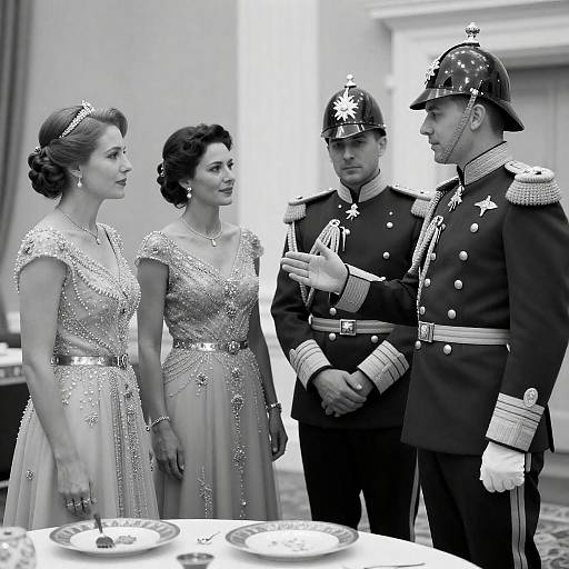 Elegant Beaded Gowns and Military Uniforms