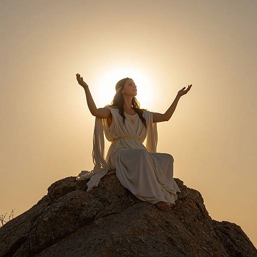 Photograph of a silhouetted woman with long hair, wearing a flowing white toga, sitting on a rock, arms raised, against a