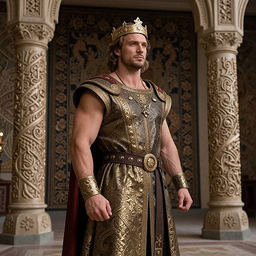 Photograph of a muscular, bearded king in ornate gold and black armor, wearing a crown, standing in an opulent, intricately carved