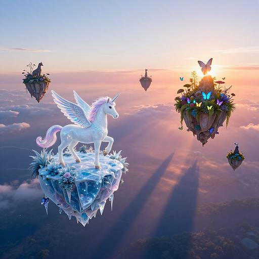 Photograph-style digital artwork: White, winged unicorn with a glowing mane stands on an icy floating island at sunset, surrounded by floating gardens with butterflies
