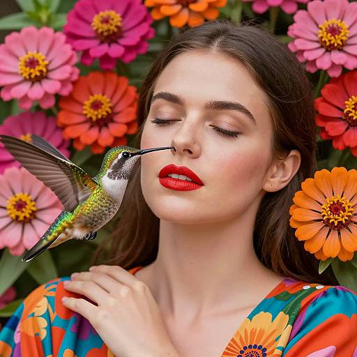 Woman with Hummingbird Among Vibrant Flowers