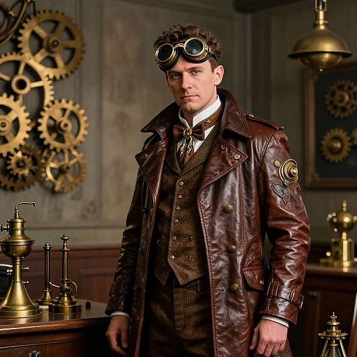 Steampunk man in brown leather jacket, goggles, and vest, standing in a gear-filled, dimly-lit laboratory. (Photographic-style