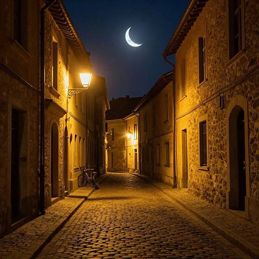 Photograph of a narrow, cobblestone street at night, illuminated by warm street lamps, with a crescent moon in the dark blue sky,