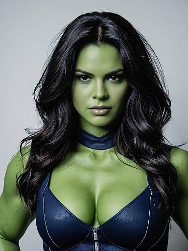 Photograph of a green-skinned woman with long black hair, wearing a black leather zip-up top, against a white background.