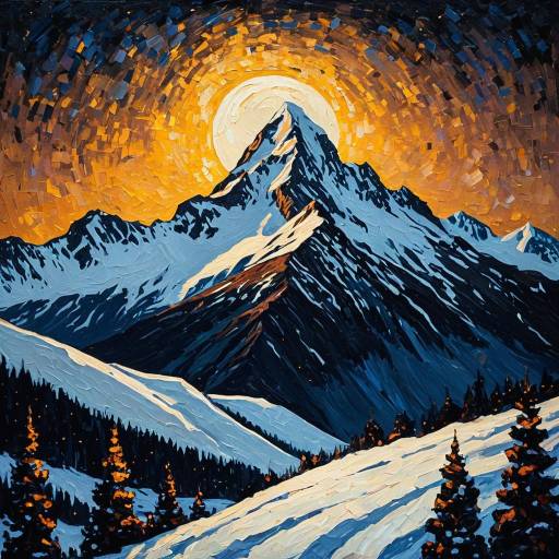 Snowy Mountain Peak in Moonlight Oil Painting