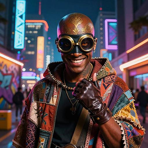 Masked Street Performer in Neon Cityscape