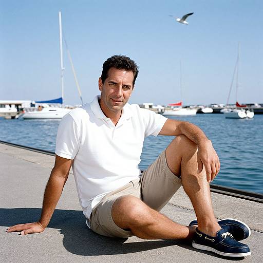 Photograph of a smiling, dark-haired man in a white polo and beige shorts, sitting on a dock with boats and a clear blue sky in the