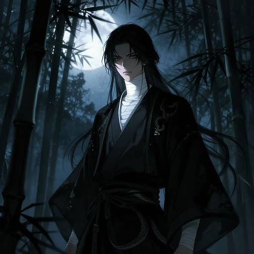 Digital anime-style drawing of a mysterious, long-haired man in black robes, illuminated by a full moon in a dark bamboo forest.