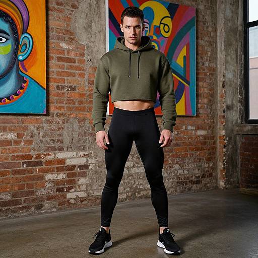 Photograph of a muscular man with short dark hair, wearing a green cropped hoodie, black leggings, and black sneakers, standing in an industrial loft with