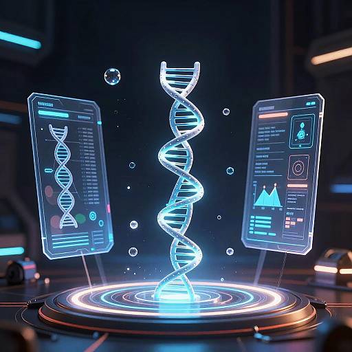 Digital CGI of a glowing, neon blue DNA helix centered between two floating holographic screens displaying scientific data in a futuristic lab.