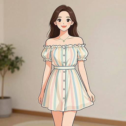 Digital anime-style illustration of a smiling young woman with long brown hair, wearing an off-shoulder, striped dress, standing in a minimalist room with